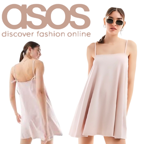 ASOS Dresses & Skirts - ASOS DESIGN Trapeze Mini Cami Dress Washed Pink Tie Straps Square Neck NWT Sz 4